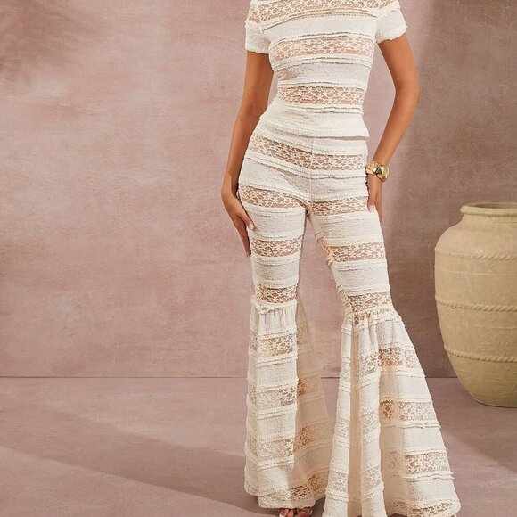 boho women's Mixed Fabric Lace Top & Flared Pants Two Pieces Set - Picture 5 of 7